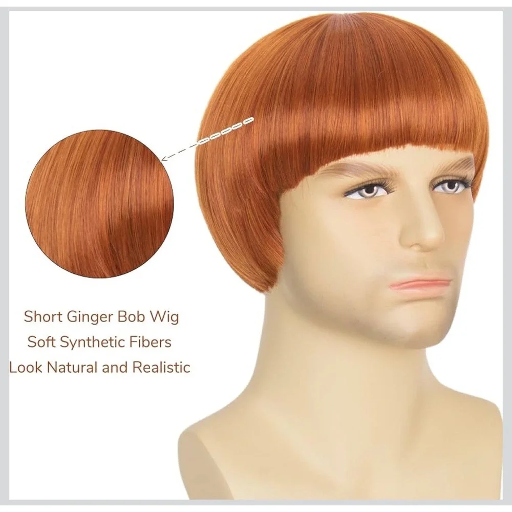 NWT Miss U Hair Ginger Bowl Cut Wig Men 60s 70s Retro Costume Cosplay Bangs